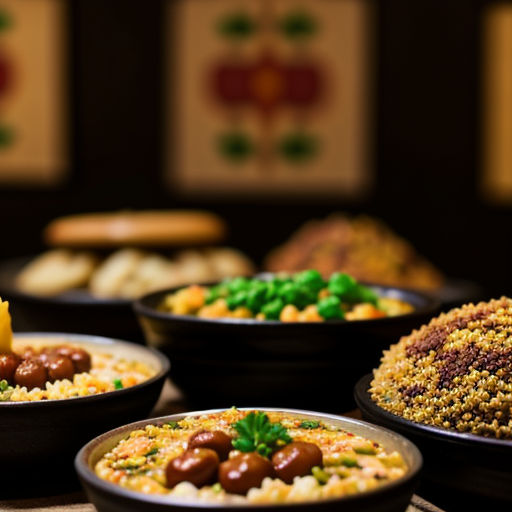 A beautifully plated dish of traditional African food featuring jollof rice, grilled chicken, and fresh vegetables.