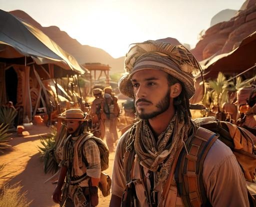 A group of adventurous travelers exploring a desert landscape, led by a guide wearing a scarf and desert attire.