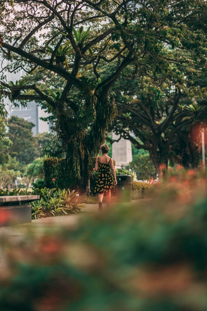 A person walking down a beautiful, vibrant city street, symbolizing personal growth and the journey of self-discovery.