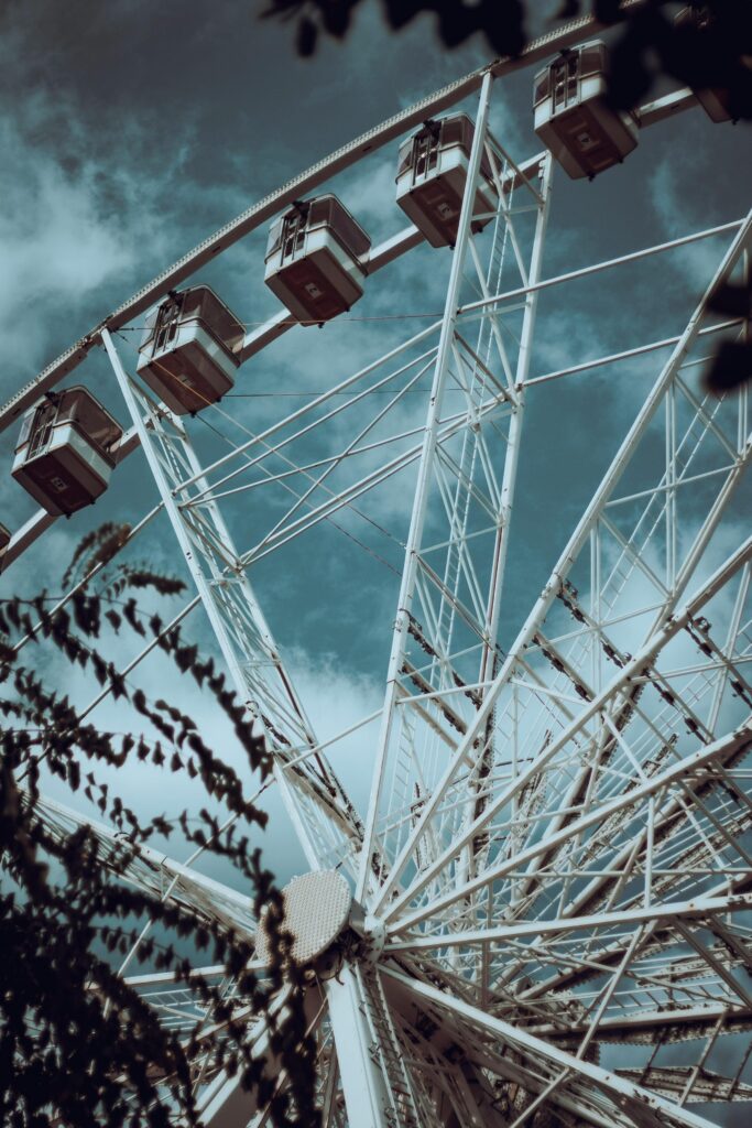 Close-up view of a giant Ferris wheel against a cloudy sky, with leaves framing the bottom of the image.