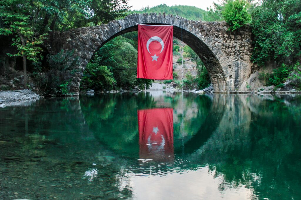 The red and white flag of Turkey flying proudly above a scenic valley, with lush green landscapes and rolling hills stretching into the distance under a clear blue sky.